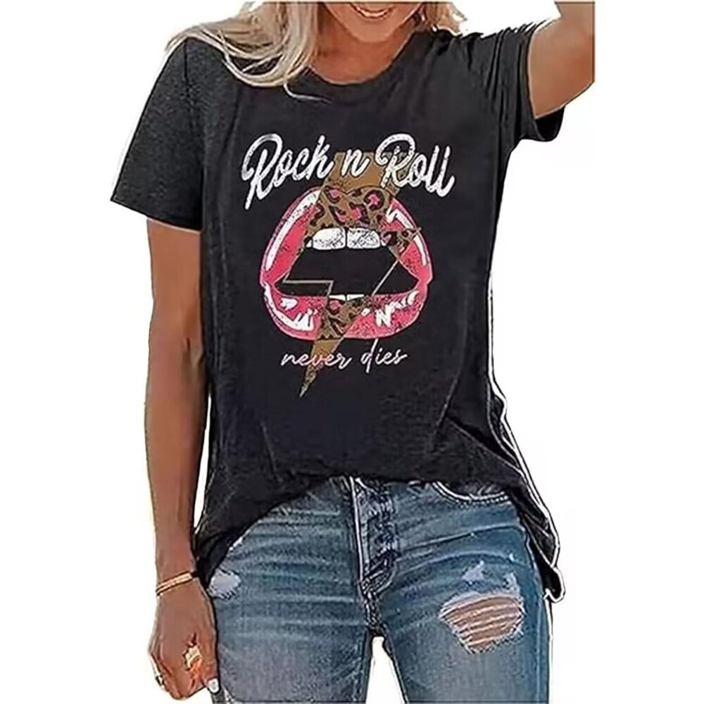 Women Vintage Rock Band T Shirt Cotton Blend Short Sleeve Casual Tops
